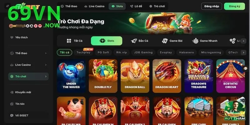 Vô số các trò chơi slots hay tại 86bet